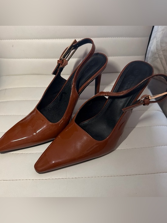 Coutgo Shoes - Patent Brown Pointed-Toe Slingback Heels